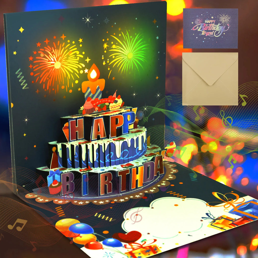 3D Light Music Birthday Card Pop Up Happy Birthday Card Fireworks Birthday Greeting Cards Happy Birthday Party Gift Message Card