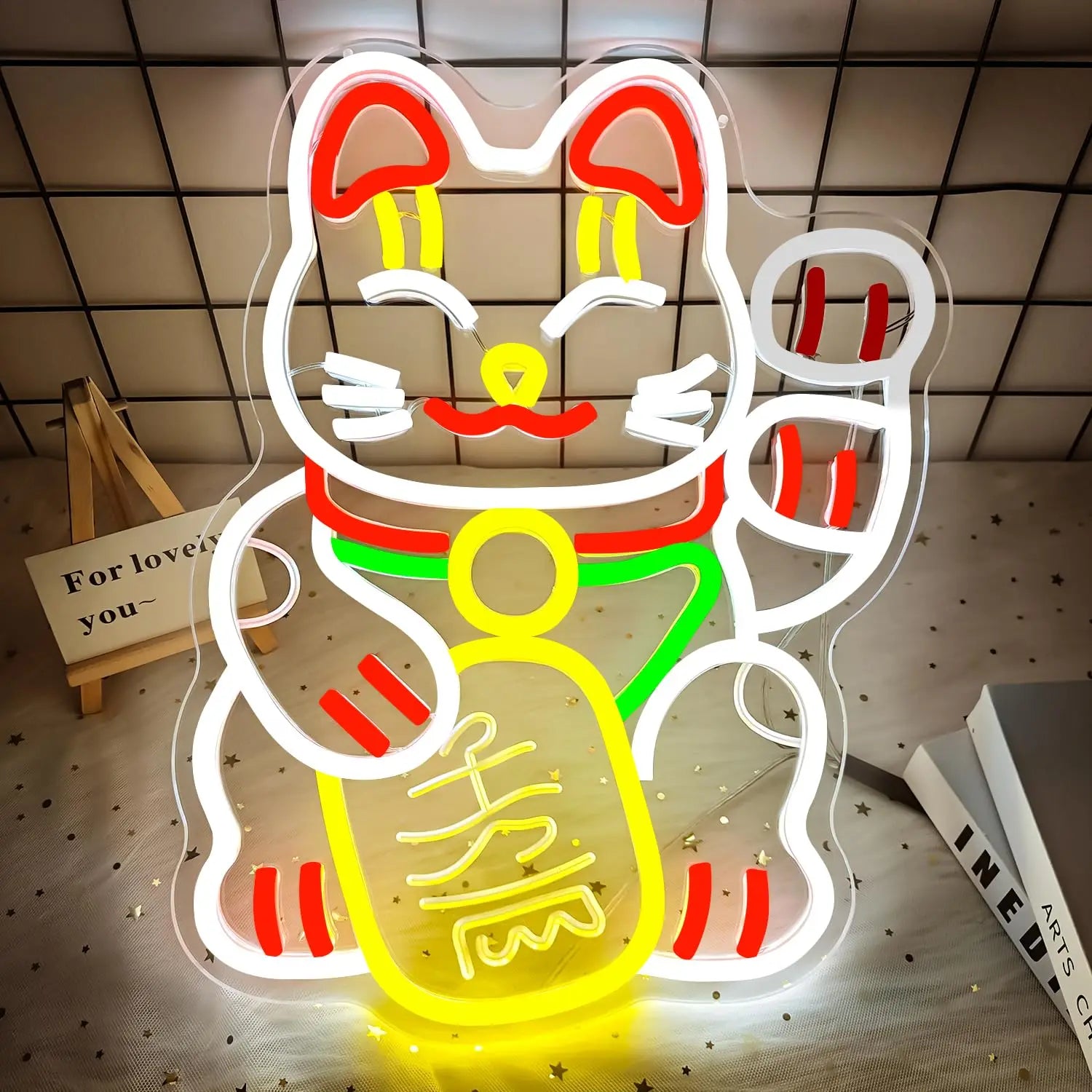 Waving Lucky Cat Neon Sign Fortune Cat LED Animated Maneki Neko Light Up for Wall Decor Restaurant Ramen Shop Bar Home Office